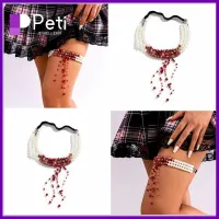 PETI JEWELLERY สายรัดยางยืด ห่วงโซ่ขาลายเลือดฮาโลวีน ไข่มุกเทียม เครื่องประดับปาร์ตี้คอสเพลย์ ห่วงโซ่ต้นขา สไตล์โกธิค โซ่ขาหลายชั้น สำหรับผู้หญิง