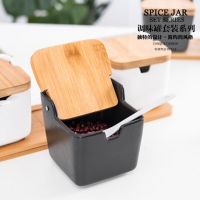 Ceramic seasoning pot seasoning pot storage container with spoon porcelain box and bamboo lid seasoning pot kitchen tools