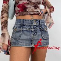 SF-Women´s Summer Mini Denim Skirts Fashion Rhinestone High Waist Flap Pocket Short Jean Skirts