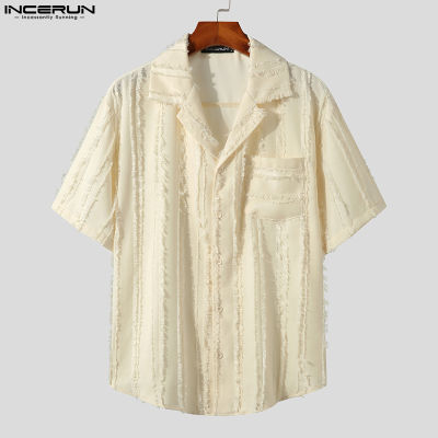 Medussa INCERUN Mens Casual Lapel Botton Up Fringed Brushed Texture Short-Sleeved Shirt (Korean Style) vnb
