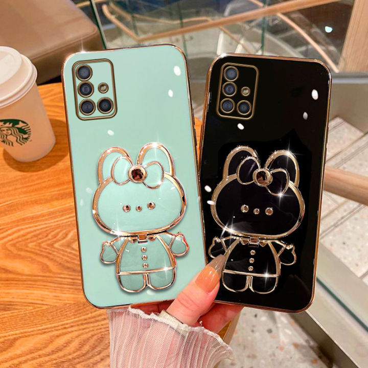 เคสโทรศัพท์กระต่ายน่ารัก-jiefie-สำหรับ-samsung-galaxy-a51-a71-a31-a11-a21s-a02s-a03s-a04s-m11-m31-a02-a03-a04ชุบโครเมี่ยมสุดหรูเคสสี่เหลี่ยมแต่งหน้า-tpuนิ่มชนิดใสโทรศัพท์-ขาตั้ง