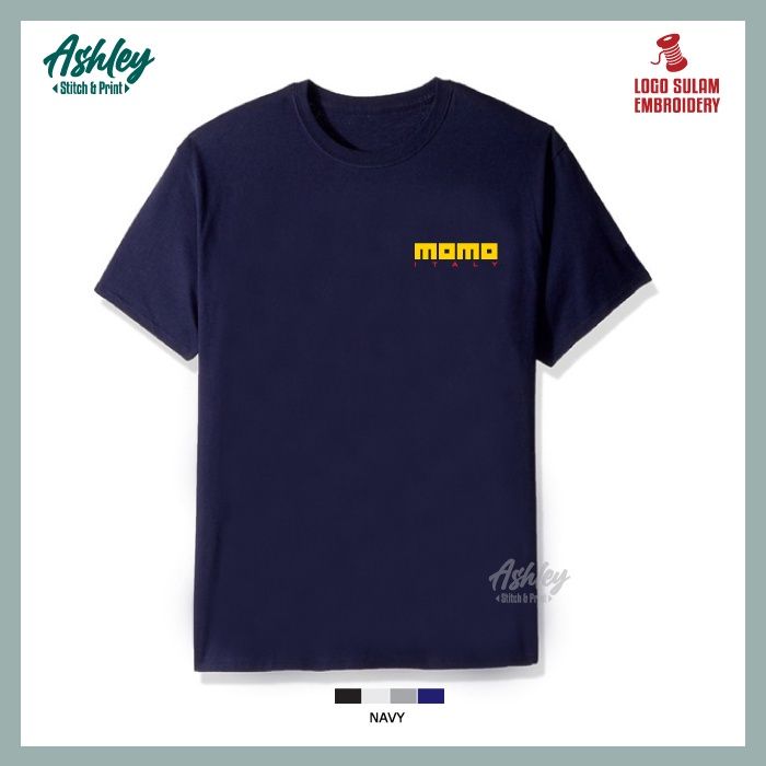 t-shirt-round-neck-sulam-momo-design-italy-racing-steering-wheel-sport-performance-casual-100-cotton-embroidery-jahit