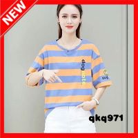 qkq971 2021 New Summer Korean Round Neck Rainbow Striped T-Shirt Loose Short-Sleeved Printed Shirt Split Bottoming Shirt Women