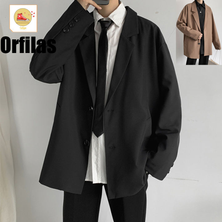 orfilas-เสื้อแจ็คเก็ตลำลองผู้ชายสไตล์เกาหลีแบบหลวม-ทำงาน-เสื้อเบลเซอร์ทุกวัน-ปุ่ม-เสื้อแจ็คเก็ตผู้ชายหลวม-เสื้อสูทสีดำ-s-xxl