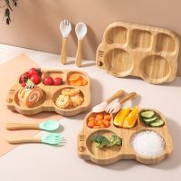 Baby Feeding Bowl Bamboo Wood Car Shape Baby Dinner Plate With Silicone Suction Cup Spoon Fork Childrens Feeding Dinnerware Bowl Fork Spoon Sets