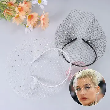 White Headband Veil for Bridal Crystal Birdcage Black Face Net Mask Short Veil Fascinator Elegant Charming Veil Black