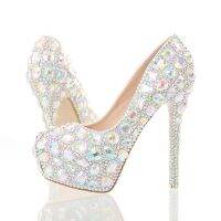 Big white diamond wedding shoes single female big yard diamond heels waterproof one word with single shoes