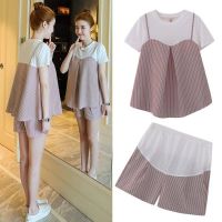 Maternity Clothes Summer Clothes Two-piece Suit Short Sleeve Striped Top Shorts