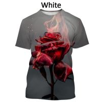 2023 NEWHot ขาย Rose 3D พิมพ์เสื้อยืดผู้ชายใหม่ยอดนิยมดอกไม้ Art Rose ผู้ชายผู้หญิง Hip-Hop Harajuku ลำลองแขนสั้น