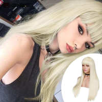 Wignee Long Straight White Synthetic Wigs With Bang for Women Hair Cosplay /Party /Costume Glueless Natural Female Hair Wigs Gift ของขวัญ