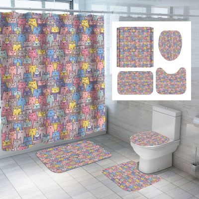 【CW】♘♂♕  Cartoon Animals Shower Curtain Print Set Polyester Toilet Rug