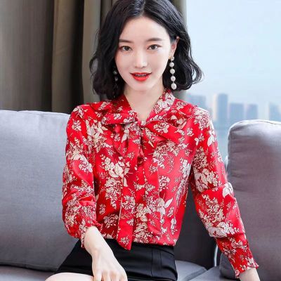 Bowknot ดอกไม้เสื้อชีฟองผู้หญิงลูกไม้ขึ้นแฟชั่นแขนยาวเสื้อชีฟองเกาหลีหลวมเสื้อชีฟองขนาดใหญ่