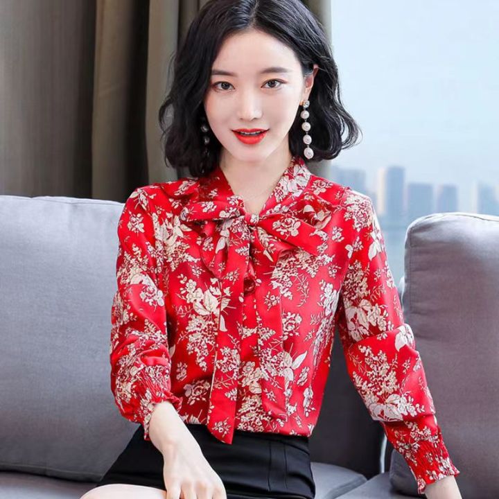 bowknot-ดอกไม้เสื้อชีฟองผู้หญิงลูกไม้ขึ้นแฟชั่นแขนยาวเสื้อชีฟองเกาหลีหลวมเสื้อชีฟองขนาดใหญ่