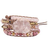 Natural Stone Bracelet Pink Quartz Leather Wrap Bracelets for Women Rose Gems Crystal Beads Jewelry