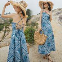 Female new lazy summer French backless condole belt bind dress retro long vacation in the blue dress