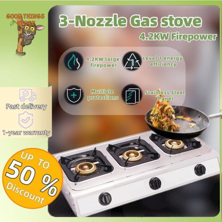Gas Stove 4.2KW Efficient Heating Heavy Duty Stainless Steel 3Burner