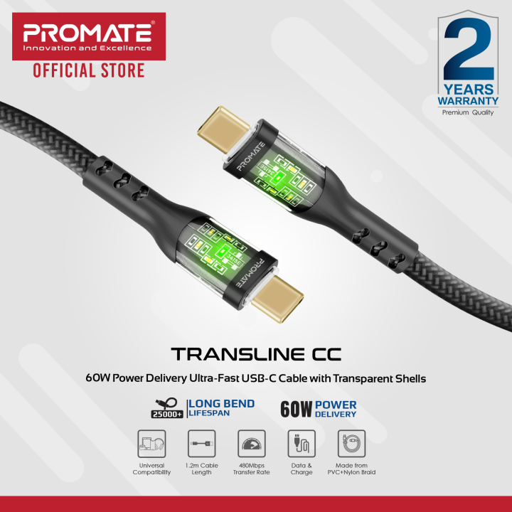 Promate TransLine-CC 60W Power Delivery Ultra-Fast USB-C Cable with ...