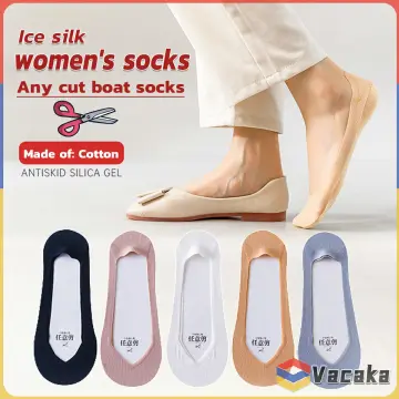 4 Pairs Ice silk seamless boat socks, thin silicone non-slip