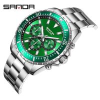 ⌚SANDA สายรัดเหล็กใหม่ปฏิทินนาฬิกาควอตซ์ผู้ชาย5306แบบง่ายสามตาหกเข็มนาฬิกาสำหรับผู้ชายเรืองแสงสีเขียวน้ำผี