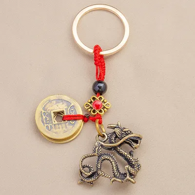 ZhongLouL พวงกุญแจจักรราศีแบบจีนพวงกุญแจมังกรทองแดงจี้เงินสดของตกแต่งกุญแจรถกระเป๋าเป้สะพายหลังเครื่องรางนำโชค