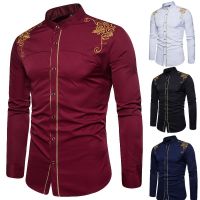 High Quality Mens Stand-up Collar Shirt Court Embroidered Long-sleeved Casual Shirt Mens Fashion Tops Western Denim Shirt