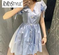 RYRYSTYLE ชุดเดรสสีฟ้าไข่มุกสำหรับตกแต่งเล็บ,9198หูกระต่ายน่ารักสำหรับฤดูใบไม้ผลิ/ฤดูร้อนแขนพองคอวี