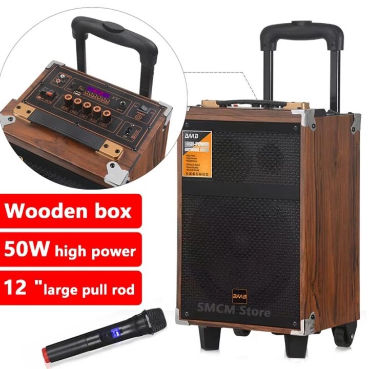 wooden-12-inch-8-inch-karaoke-party-subwoofer-9000w-peak-power-large-outdoor-handcart-bluetooth-speaker-with-microphone-fm-usb-wireless-and-bluetooth