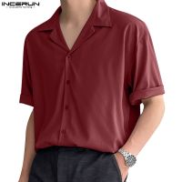 ♂♨☁ INCERUN Mens Summer 5 Color Short Sleeve Stripe Lapel Button Up Shirts