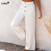 Women Black Straight Trousers Spring Summer Casual Button Cotton and Linen Solid High Waist Fashion New Wide Leg Long Pants