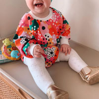 【Forever CY Baby】Baby Girls Autumn Casual Romper Long Sleeve O Neck Floral Romper + Bowknot Headband