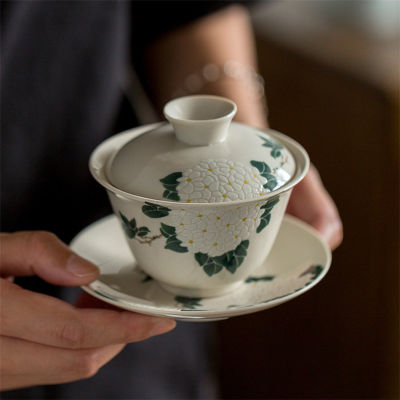 เซรามิค Handmade Kung Fu Gaiwan Creative Hand-Painted Chrysanthemum ชา Tureen ชุดชาสำนักงานชามชาพร้อมจานรอง Drinkware