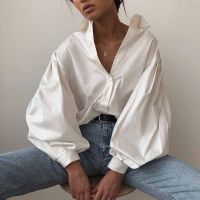 Lantern Sleeve Fashion Cotton Office Shirt Women Casual Vintage Sexy Buttons White Blouse Street Loose Ladies Tops Blusas 10903