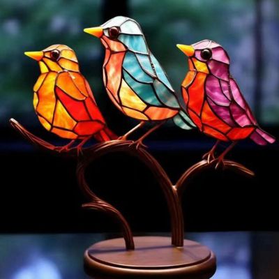 Stained Glass Birds on Branch Desktop Ornaments,Double Sided Multicolor Style Birds Colors Ornaments