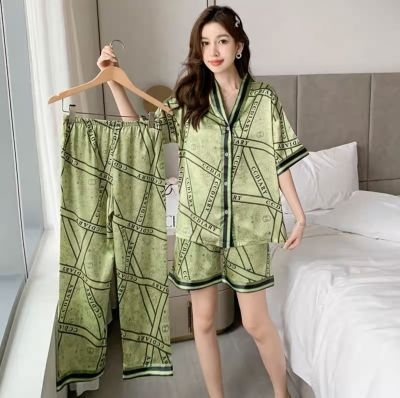 5555-00 เซตชุดนอนผู้หญิง 3 ชิ้น เสื้อ1 กาเกง2(สั้น-ยาว) ผ้าซาตินคอวี สไตล์เกาหลีผ้าใส่สะบาย พร้อมส่ง