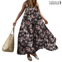 COD DSFGRDGHHHHH ZANZEA Women European Style Casual Sleeveless V Neck Bohemian Floral Printed Beach Holiday Swing Maxi Dress