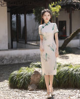 ฤดูร้อนเซ็กซี่ดอกไม้พิมพ์ซาตินยาวถึงเข่า Cheongsam Elegant R ผู้หญิง Handmade ปุ่ม Qipao จีนทุกวัน Dress