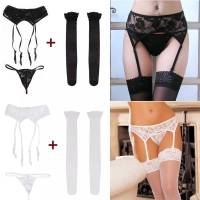 NF 3ชิ้น/SET) การ์เตอร์เบลท์+จีสตริง+ถุงน่อง Sexy Women Lace Babydoll Belt Stockings Underwear Nightwear Thin Solid Garter HOT cosplay costume