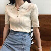 ❦﹍ Korean Style Korean 2023 Women Elegant And Casual Polo Plunge Neck Short Sleeve Knitted Shirt Crop Tops