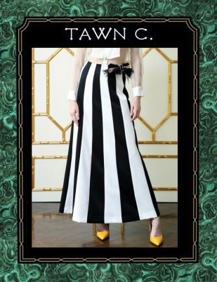 TAWN C. - Black and White Clair Skirt กระโปรงยาวลายทางดำขาวตัดต่อผ้าเครป