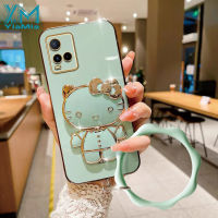 YiaMia เคสโทรศัพท์แฟชั่นสำหรับ VIVO Y21 Y21S Y21A Y21T Y33S 4G Y33T T1X 4G V2109 V2110 V2111 V2135 V2140 V2143 V2152แฟชั่น KT กระจกเงาโต๊ะเครื่องแป้งแมวฝาครอบโทรศัพท์ + สายรัดข้อมือ