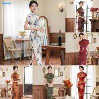 【HODRD】Women Dress Long Qipao Wedding Perform Print Retro Oriental Ball Gown Soft【Fashion】