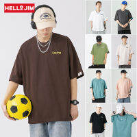 HELLO JIM ▏Oversized Tshirt ชายผ้าฝ้ายพื้นฐานพิมพ์แขนสั้นเสื้อยืดสำหรับชายสีสว่าง Armband เสื้อยืดลายเรียบ