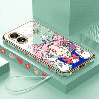 เคสใส่โทรศัพท์สำหรับฟรีสายคล้อง A38 OPPO A18 + การ์ตูนน่ารักเซเลอมูนลูน่าลายขอบสี่เหลี่ยมชุบเคลือบเคสโทรศัพท์สุดหรูชุบเคสโทรศัพท์นิ่ม