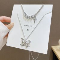 Punk Cuban Double Layer Big Butterfly Pendant Necklace Silver Color Choker Chain Necklace Women Fashion Jewelry 2022