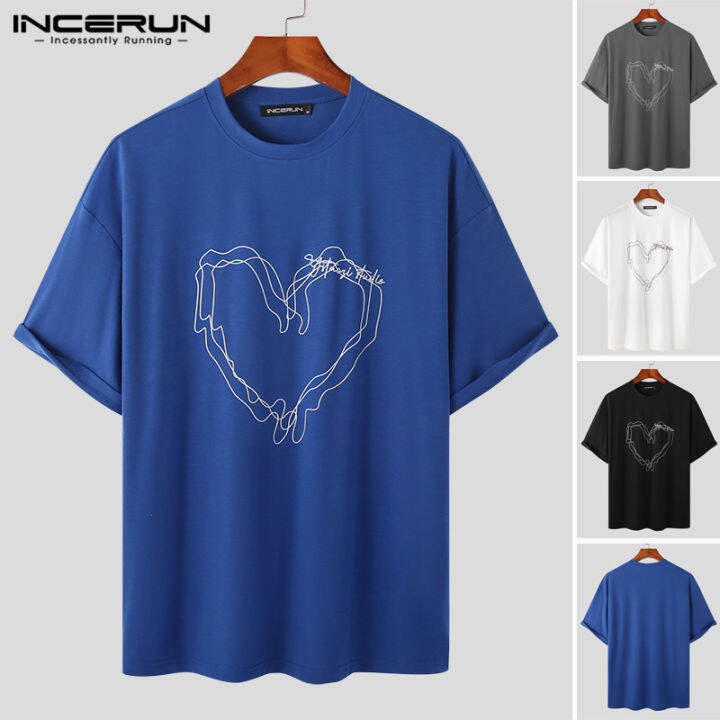 incerun-เสื้อเบลาส์ลำลองสำหรับวันหยุดเสื้อยืดคอกลมหัวใจผู้ชายแขนสั้น