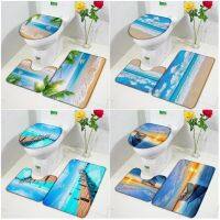 【YF】 Ocean Beach Bath Mats Set Palm Leaves Bridge Boat Bird Hawaii Nature Landscape Bathroom Carpet Door Rug Anti-Slip Toilet Lid Mat