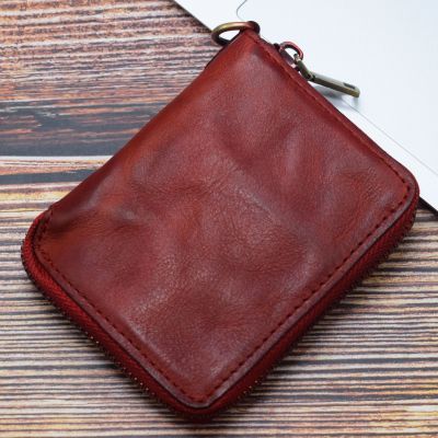 TOP☆  Japanese Mens Retro Short Zipper Wallet Amazon Supply Multi-Functional Vegetable Tanned Leather Wallet Vertical Wallet Tide