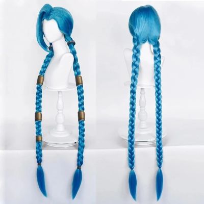 LOL Jinx Cosplay Wig Long Braided Blue The Loose Cannon Wig With Blue Braid Heat Resistant Synthetic Hair Wigs + Wig Cap