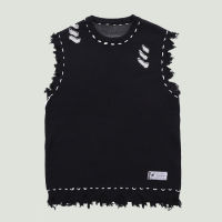 Unisex ขนาดใหญ่ Vintage Harajuku Distressed ถักเสื้อกันหนาว Casual Hole ผู้ชาย Pullover Fringed Vest Streetwear เสื้อแขนกุด...