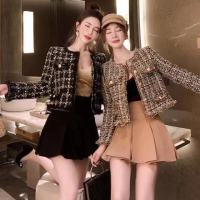 leiouna Vintage Lady Tweed Coat Short Female Women Jacket Autumn Outerwear Coat Channel Style Za Suit Cropped Kawaii Korean